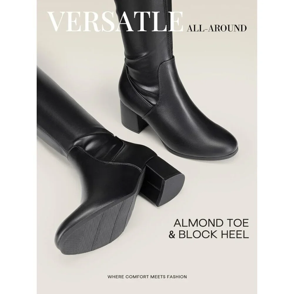 Women's Black/Pu Faux Leather Over The Knee Thigh High Chunky Heel Long Boots